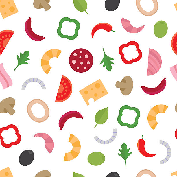 Seamless pattern with the ingredients for pizza.Food background. Seamless pattern with the ingredients for pizza. Food background. Vector illustration, flat style. dessert topping stock illustrations