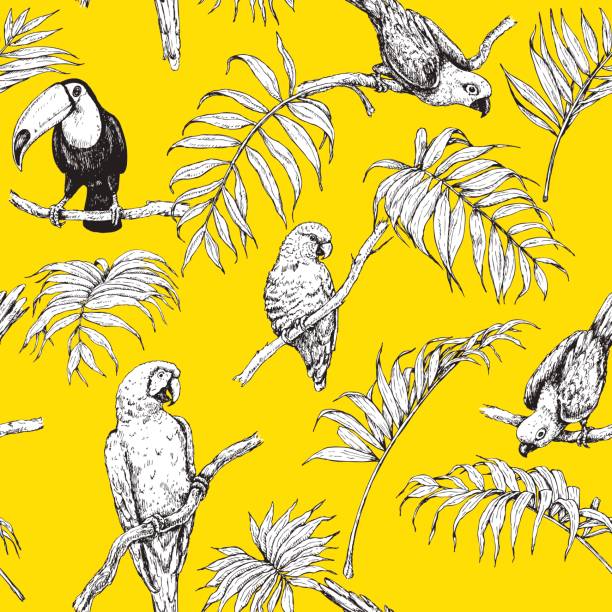Seamless Pattern with Tropical Birds. Hand drawn seamless pattern with tropical birds and palm fronds on yellow background. Black and white images of parrots and toucan sitting on branches. bird patterns stock illustrations