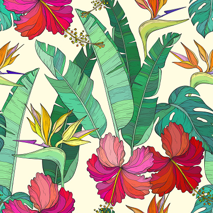 Seamless pattern with Tropical palm leaves and hibiscus, bird of paradise flowers