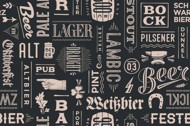 stockillustraties, clipart, cartoons en iconen met naadloze patroon met soorten bier en hand getrokken belettering - duits bier