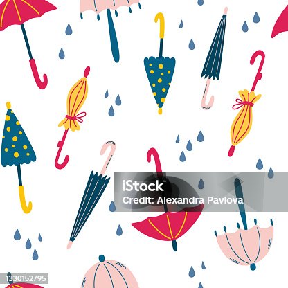istock Seamless pattern with umbrellas and raindrops. Fashionable clothes in bad weather. Scandinavian style background. Decorative wallpaper or pack paper, good for printing. Vector illustration 1330152795