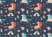 Seamless pattern with unicorns , hare, birds and flowers