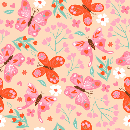 Seamless pattern with valentine s day vibe with butterflies. Vector graphics