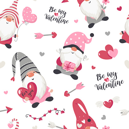 Seamless pattern with Valentine's Day gnomes. Vector illustration for wrapping paper and scrapbooking