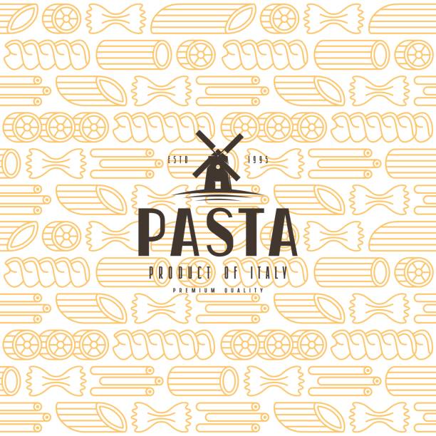 Seamless pattern with varieties of pasta Seamless pattern with varieties of pasta. Typography composition with a picture of windmill pasta patterns stock illustrations