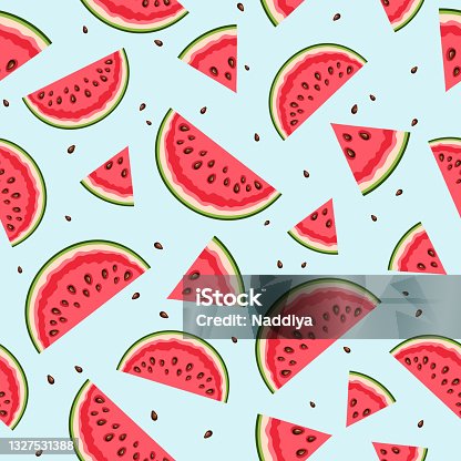 istock Seamless pattern with watermelon slices on blue. Vector illustration. 1327531388