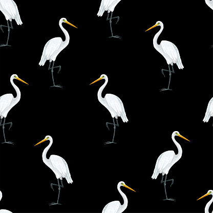 Seamless pattern with white heron. Vector