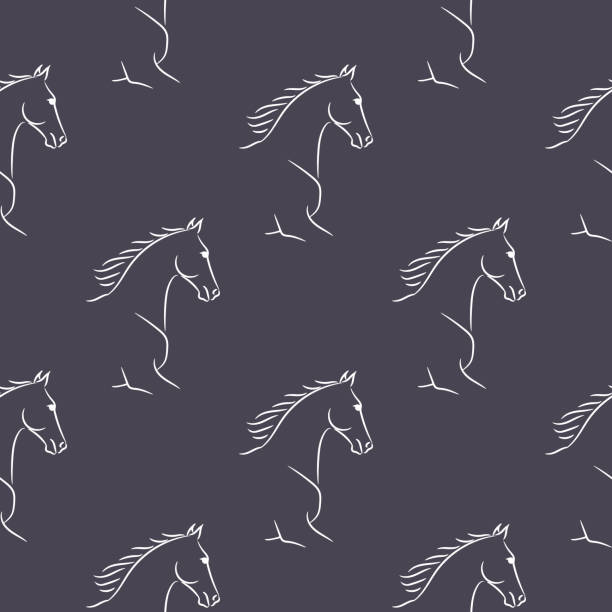Seamless pattern with white horses, violet background. Realistic hand drawn vector illustration. horse patterns stock illustrations