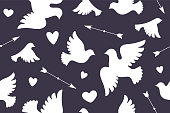 Seamless pattern with white love doves, hearts, arrows. Symbol and sign of Love on black background. Graphic design wrapping paper, wallpaper, background for Valentine Day . Vector Illustration