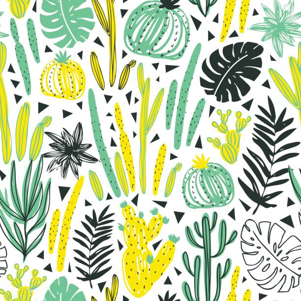 Seamless pattern with wild tropical rainforest. Tropic vector repeating background. Seamless pattern with wild tropical rainforest. Tropic vector repeating background. cactus patterns stock illustrations