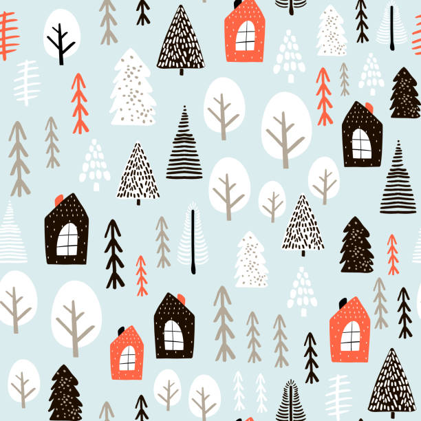 Seamless pattern with winter houses, wood, trees, and ink drawn elements. Creative christmas background. Vector Illustration Seamless pattern with winter houses, wood, trees, and ink drawn elements. Creative christmas background. Vector Illustration winter drawings stock illustrations