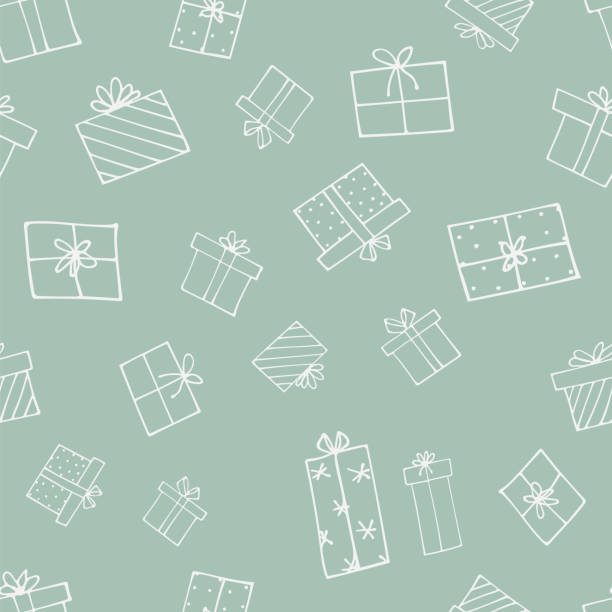 Seamless pattern with wrapped gifts Repeat vector pattern with gift doodles in white on pale background. gift patterns stock illustrations