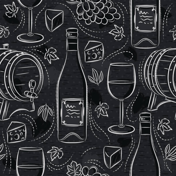Seamless patterns with white wine set, cask, wineglass, barrel, grape and cheese on black chalkboard. Ideal for printing onto fabric and paper or scrap booking. Seamless patterns with white wine set, cask, wineglass, barrel, grape and cheese on black chalkboard. Ideal for printing onto fabric and paper or scrap booking. cheese backgrounds stock illustrations
