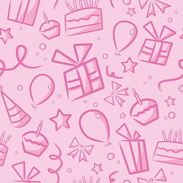 Seamless Pink Birthday Background A background for a girl's birthday. Repeats seamlessly from left to right and top to bottom. File includes the pattern as a swatch, as well as an extra AICS2 file with the un-cropped shapes. Files included: AICS2, EPS8 and Large High Res JPG. birthday designs stock illustrations