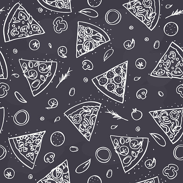 seamless pizza pattern on dark background seamless outline drawing pizza pattern on dark background pizza stock illustrations