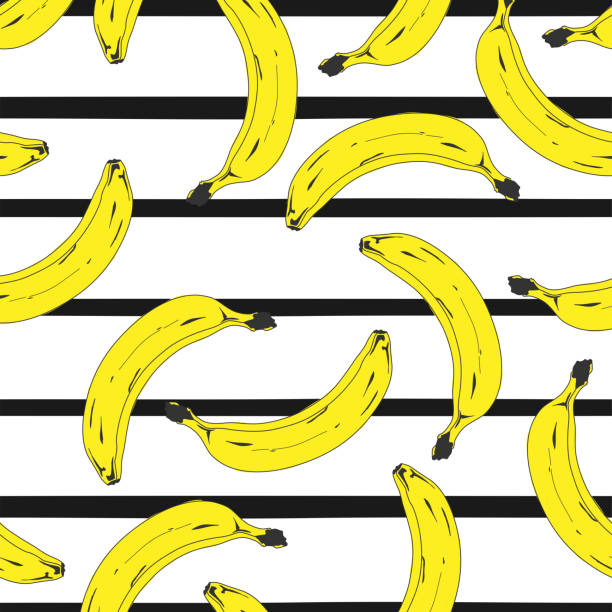 Seamless pop art yellow banana pattern randomly distributed on stripped background. Vector Illustration. Seamless pop art yellow banana pattern randomly distributed on stripped background. Vector Illustration. banana backgrounds stock illustrations
