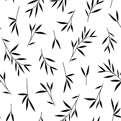 Seamless pretty black bamboo leaves pattern. Vector. Illustration. White background.