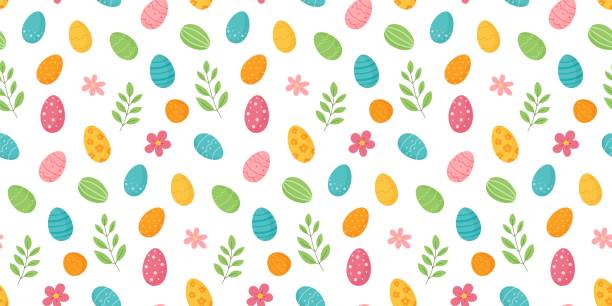 Seamless repeat pattern of Easter eggs, with flowers and leaflets.Vector cartoon style. Seamless repeat pattern of Easter eggs, with flowers and leaflets.Vector illustration in cartoon style. easter sunday stock illustrations