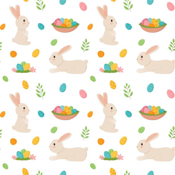 Seamless repeat pattern with easter bunny and eggs basket.Vector cartoon style. Seamless repeat pattern with easter bunny and eggs basket.Vector illustration in cartoon style. easter sunday stock illustrations