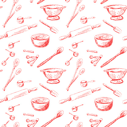 Seamless Repeating Retro Kitchen Gadgets Pattern Red Lineart on White