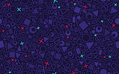 Retro seamless shapes and lines abstract pattern background. Repeats side to side and top to bottom.