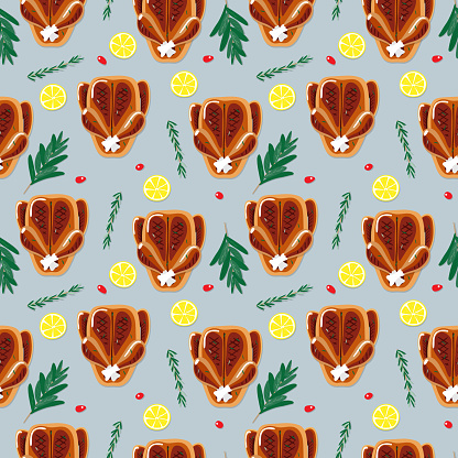 Seamless roasted chicken, duck or goose illustration pattern. Perfectly usable for all christmas and Thanksgiving related projects. vector