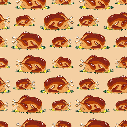 Seamless roasted turkey illustration pattern with seasoning vector