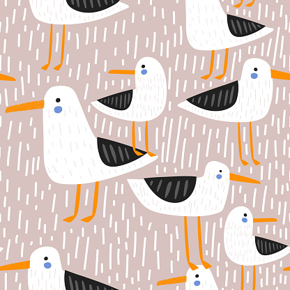 Seamless seagulls pattern. Creative nautical background. Vector illustration