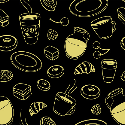 Seamless set of sketches pies and desserts, symbolizing a coffee shop