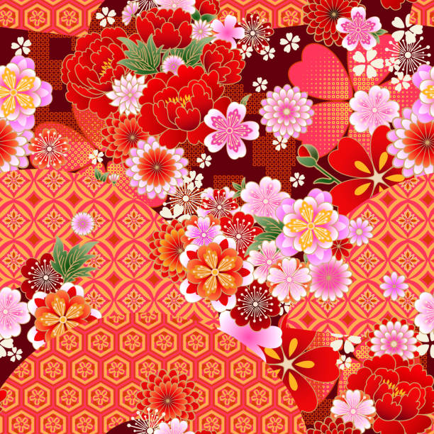 クラシックな花柄とファンを持つシームレスな春の日本のパターン - 着物点のイラスト素材／クリップアート素材／マンガ素材／アイコン素材