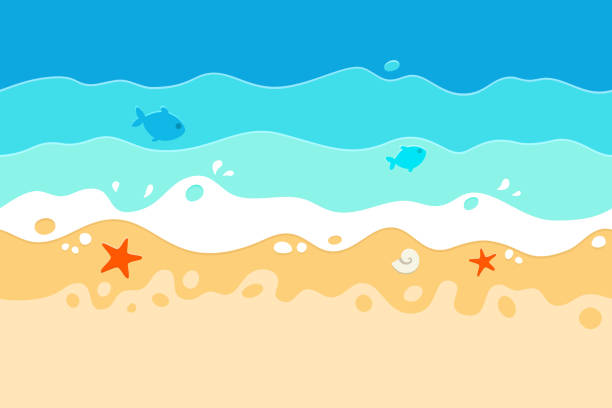 Seamless summer time, sea and beach Cartoonish vector cute illustration of sea, wave and sand. Carefully layered and grouped for easy editing. This illustration is designed to make a smooth seamless pattern if you duplicate it horizontally to cover more space. beach borders stock illustrations