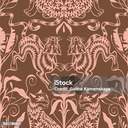 istock Seamless symmetric geometric pattern. Kaleidoscope style. Mirror reflection. Silhouettes of cheetah, leopard, panther, gepard, wild cat. Art nouveau, rococo, baroque style. Good for wallpaper, textile 1382789857