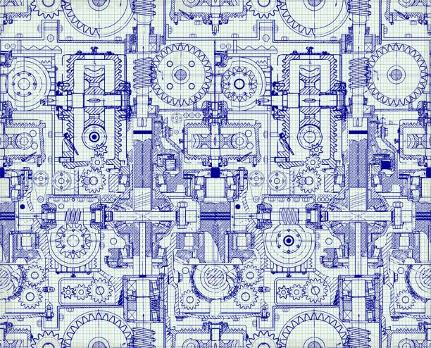 Seamless technical pattern, a background of worm gears and other gears combined into a fantastic machinery. Vintage Graph Paper Seamless technical pattern, a background of worm gears and other gears combined into a fantastic machinery. Vintage Graph Paper. Vector car drawings stock illustrations