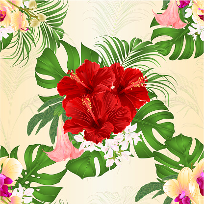 Seamless texture bouquet with tropical flowers  floral arrangement, with beautiful yellow orchid, red hibiscus, palm,philodendron and Brugmansia  vintage vector illustration  editable