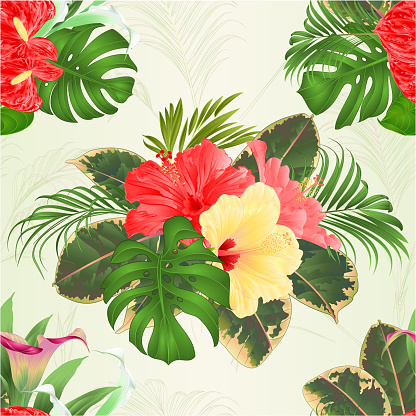 Seamless texture bouquet with tropical flowers floral arrangement, with beautiful lilies Cala and anthurium and hibiscus ,palm,philodendron and ficus vintage vector illustration  editable