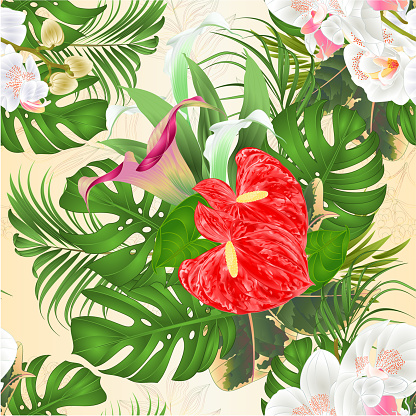 Seamless texture bouquet with tropical flowers  floral arrangement, with beautiful white orchids,lilies Cala and anthurium, palm,philodendron and ficus vintage vector illustration  editable