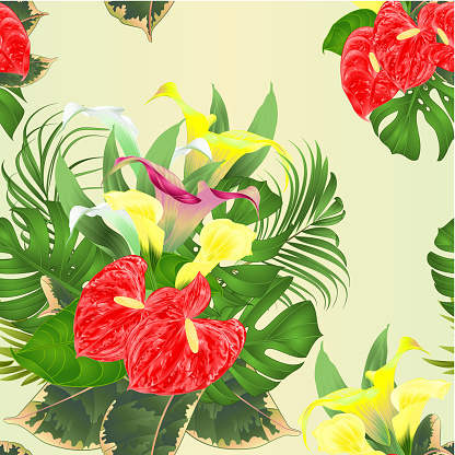 Seamless texture bouquet with tropical flowers  floral arrangement, with beautiful white pink and yellow lilies Cala and anthurium, palm,philodendron and ficus vintage vector illustration  editable