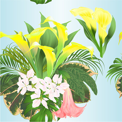 Seamless texture  bouquet with tropical flowers  floral arrangement, with   yellow lilies Cala and Brugmansia  palm,philodendron watercolor vintage vector illustration  editable