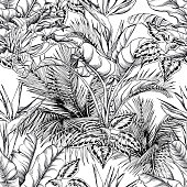 Seamless tropical pattern with sketchy palm leaves. Ink drawing on white background. Vector illustration.