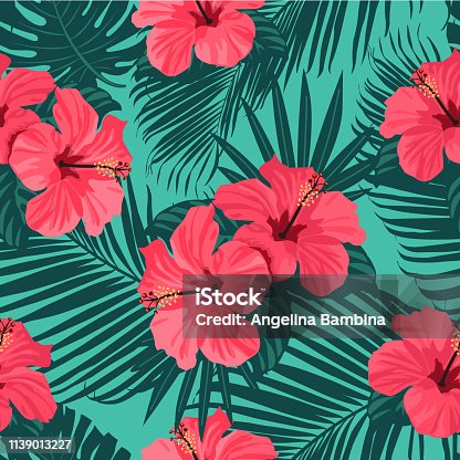 istock Seamless tropical vector pattern with bright hibiscus flowers and exotic palm leaves on background. 1139013227