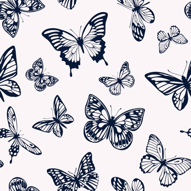 Seamless two-tone pattern with silhouettes of butterflies. Vector illustration. Vector pattern with dark silhouettes of butterflies on a light background in a flat style. butterfly flower stock illustrations