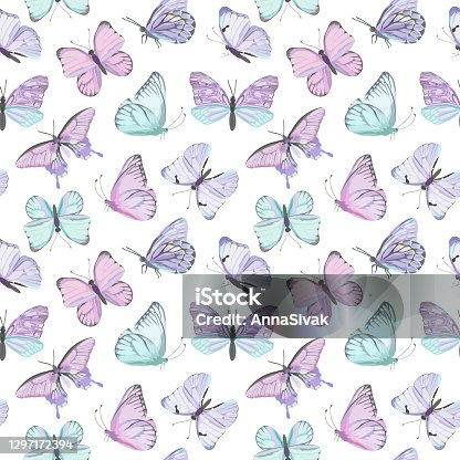 istock Seamless vector butterfly watercolor pattern. Vintage flying insect summer background. Colorful texture, wrapping paper, rustic wallpaper, nature backdrop textile 1297172394