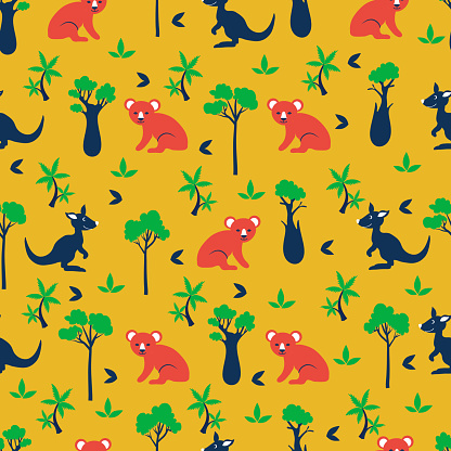 シームレスなベクトル漫画パターンオーストラリアの野生動物のコアラカンガルーサイプレスボトル ツリーパームエキゾチックな背景デザインの壁紙かわいいオレンジ色の イトスギのベクターアート素材や画像を多数ご用意 Istock