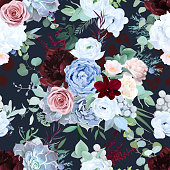 Seamless vector design pattern of dusty blue garden rose, white anemone, camellia, succulent, ranunculus, hydrangea, peony, eucalyptus greenery, burgundy red astilbe. Beautiful floral print.Editable