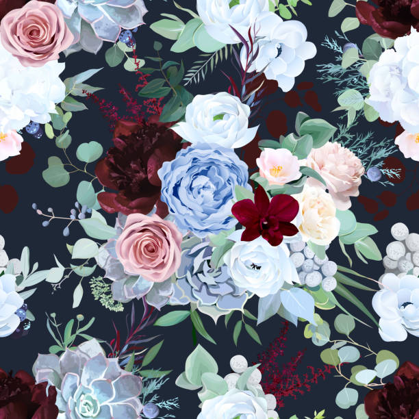Shabby Romantic Floral Bouquet Cartouche Fabric~ Lavender Blue Rose Antique Vtg 
