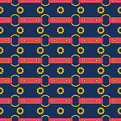 Seamless pattern with thin red straps with gold fittings and pendants. Fashion accessories for Women. Background for bags, scarves, clothes, fabrics.