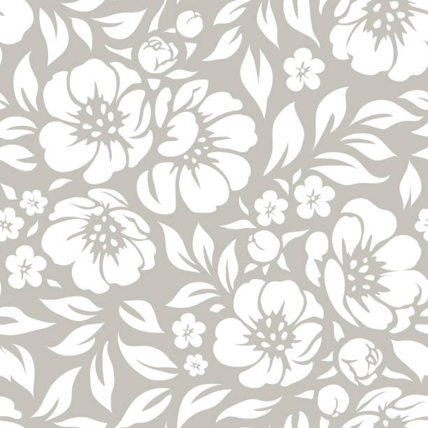 Seamless vector floral wallpaper. Decorative vintage pattern with flowers and twigs. White peony silhouette on gray background Vector illustration pattern silhouettes stock illustrations