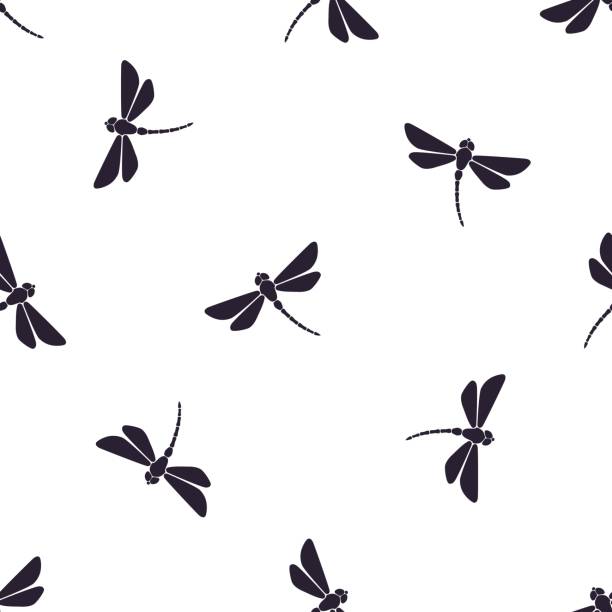 Seamless vector illustration. Pattern with silhouettes of flying dragonfly with curved body on white background Seamless vector illustration. Pattern with silhouettes of flying dragonfly with curved body on white background dragonfly stock illustrations