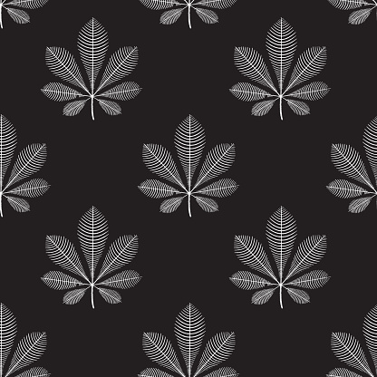 Seamless vector pattern Chestnut leaves white on black. Repeating monochrome nature autumn leaf background with fall plants. Use for fabric, fashion textiles, wrapping, surface pattern design.