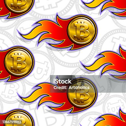 istock Seamless vector pattern of digital bitcoin crypto currency icons and flames. 1366759883